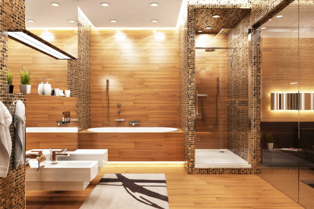 современный дизайн ванной комнаты - loft apartment bathroom mosaic tile стоковые фото и изображения