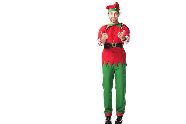 istock smiling man in christmas elf costume with outstretched hands gesture isolated on white 1067384106