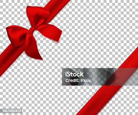 istock Realistic red bow and ribbon isolated on transparent background. Template for brochure or greeting card. Vector illustration. 1067386320