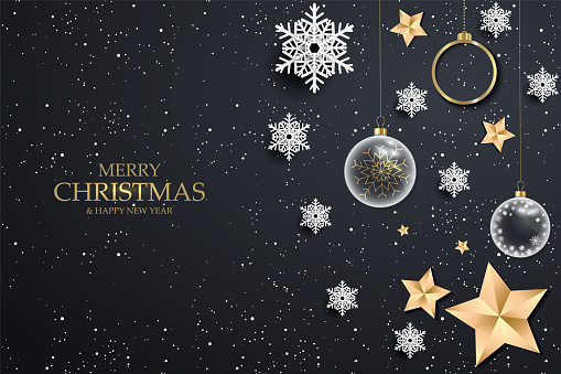 istock Black christmas background with white snowflakes. Festive Christmas background with shining gold balls, stars. Vector illustration 1067386670