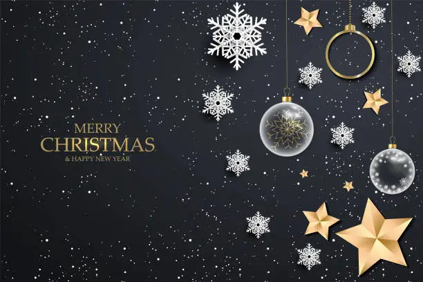 Vector illustration of Black christmas background with white snowflakes. Festive Christmas background with shining gold balls, stars. Vector illustration