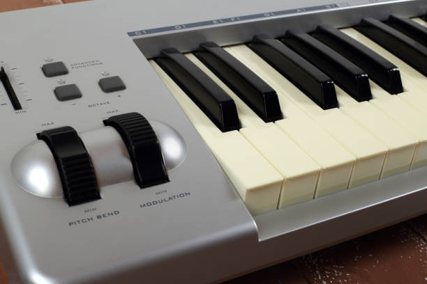 istock Musical instrument - Fragment MIDI keyboard wood background 1067387156
