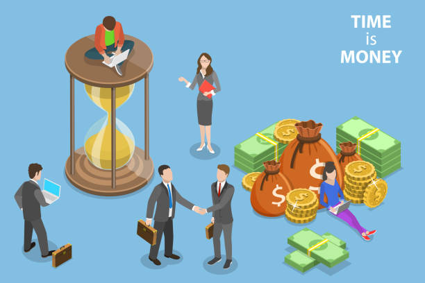Flat isometric vector concept of time is money, income growth, roi. Flat isometric vector concept of time is money, income growth, roi, financial investments, time management and planning. retirement planning advisor stock illustrations