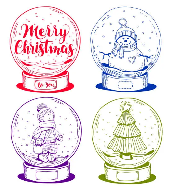 Vector illustration of Vector illustration of snowglobes with christmas decorations.