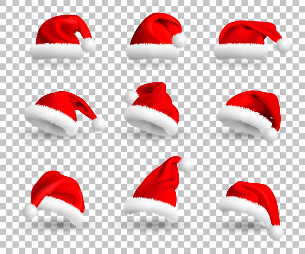 Collection of Red Santa Claus Hats isolated on transparent background. Set. Vector Realistic Illustration. Set of Red Santa Claus Hats isolated on transparent background. Vector Realistic Illustration. winter travel stock illustrations