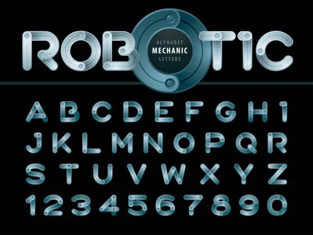Vector illustration of Vector of Modern Robot and Mechanic Alphabet Letters and numbers