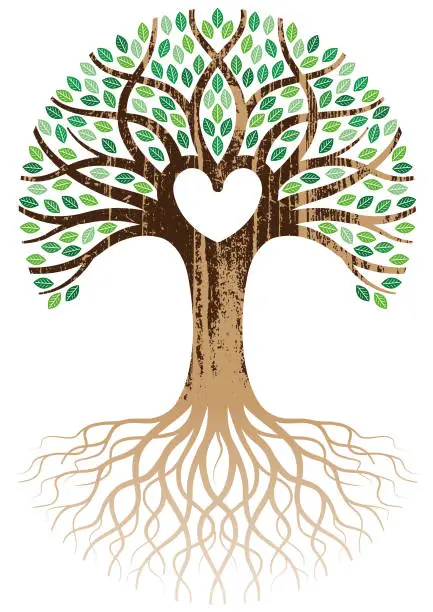 Vector illustration of Woodgrain heart tree and roots
