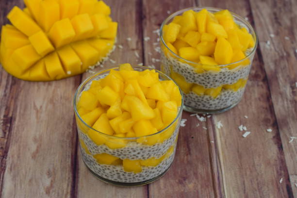 istock Chia seed pudding with coconut milk, cubed mango and desiccated coconut on wooden background 1067403280