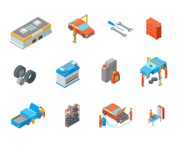 illustrazioni stock, clip art, cartoni animati e icone di tendenza di auto service signs 3d icon set isometric view. vettore - gear vector engine machine