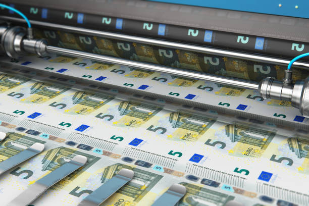 Business success, finance, banking, accounting and making money concept: 3D render illustration of printing 5 Euro money paper cash banknotes on print machine in typography
