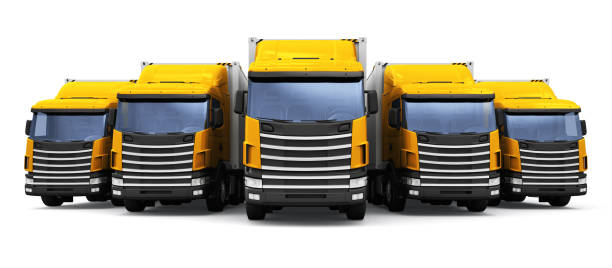 istock Row of cargo trucks isolated on white background 1067409658