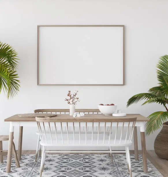 Photo of Mock-up poster in tropical living room background, Scandi-boho style