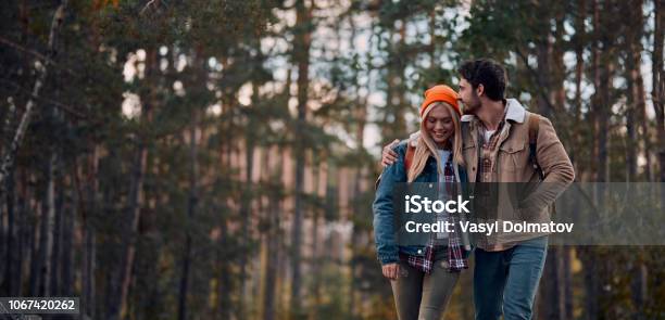 Couple Of Tourists On Nature Stock Photo - Download Image Now - Couple - Relationship, Hiking, Nature