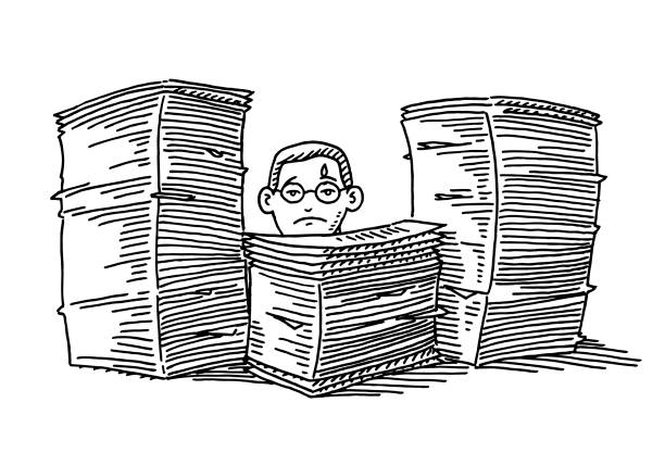 Over-Worked Office Employee Stack Of Paperwork Drawing Hand-drawn vector drawing of a Over-Worked Office Employee and Stacks Of Paperwork. Black-and-White sketch on a transparent background (.eps-file). Included files are EPS (v10) and Hi-Res JPG. stack of papers stock illustrations