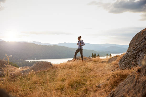 misto de um jovem homem de raça sozinho em uma pedra admirando a vista para o lago, vista lateral - adventure african ethnicity rural scene day - fotografias e filmes do acervo