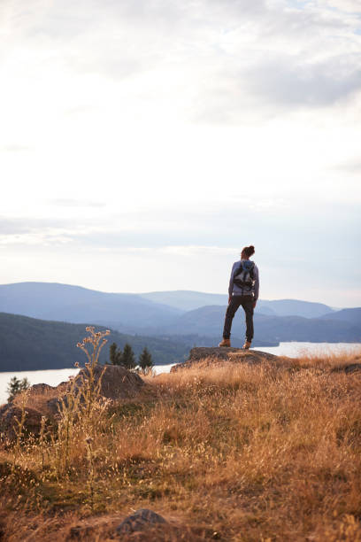 um homem jovem raça mista sozinho em uma pedra, admirando vista para o lago, vista, vertical traseira - adventure african ethnicity rural scene day - fotografias e filmes do acervo