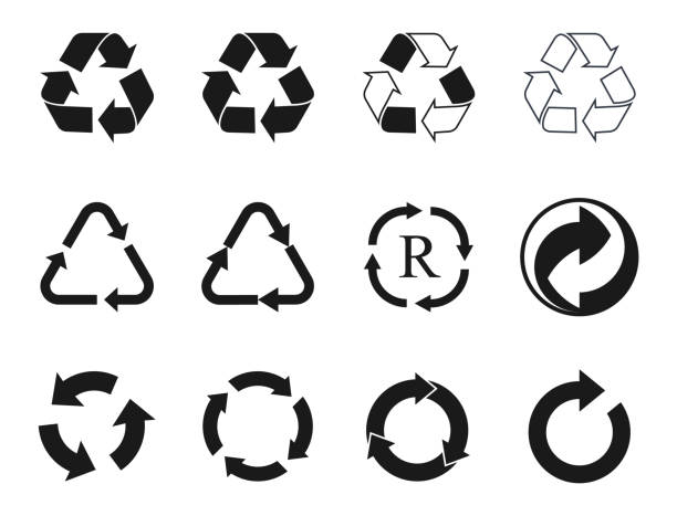 ilustrações, clipart, desenhos animados e ícones de ícones de reciclagem definida, recicl o símbolo de setas de ciclo - planeta terrestre