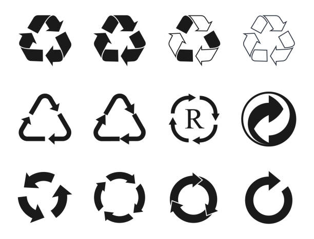 recycling icons set, recycled cycle arrows symbol recycle icons and recycling signs set, trash symbol recycle symbol cut out stock illustrations