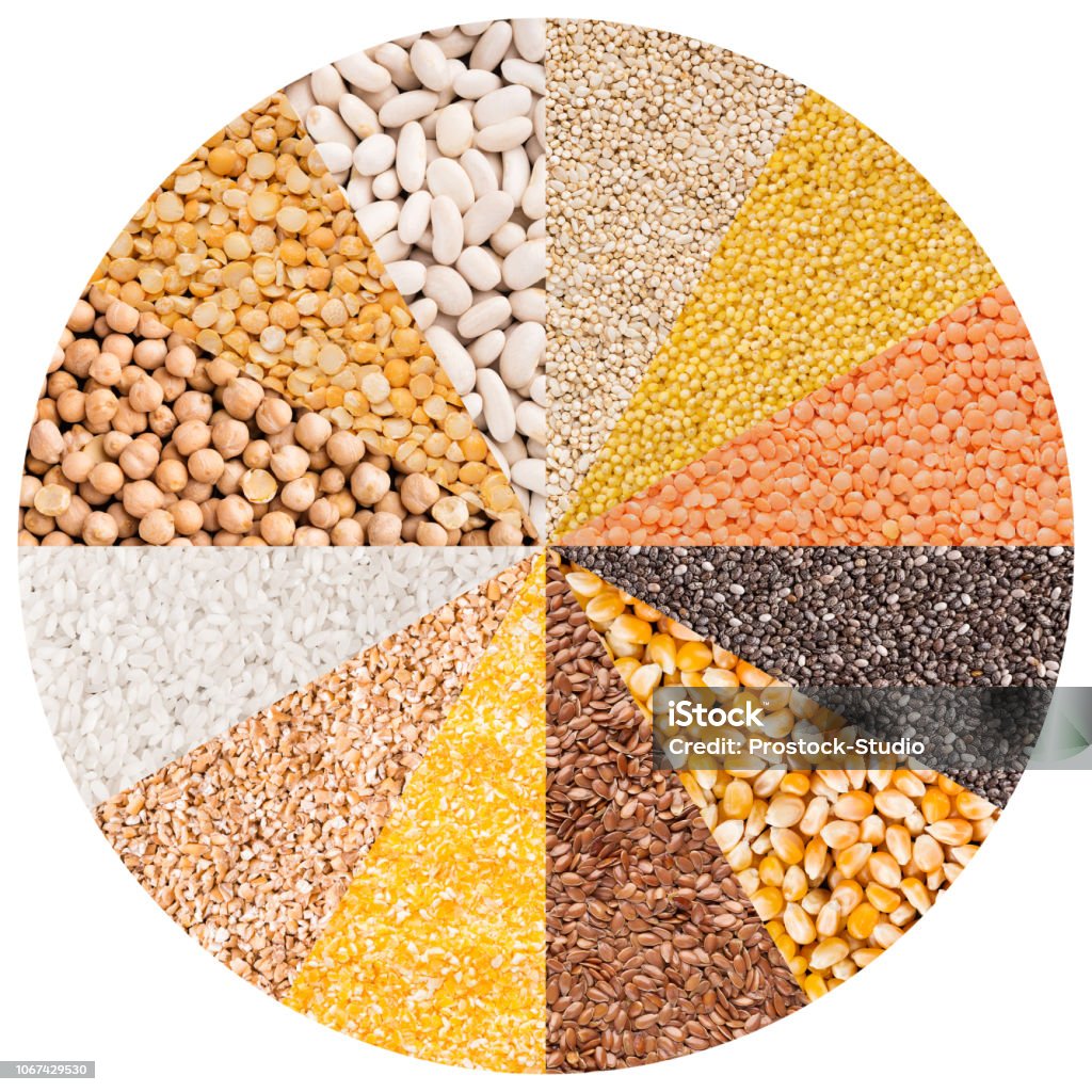 Circle with different types of grains isolated on white Circle with different types of grains isolated on white background Cereal Plant Stock Photo