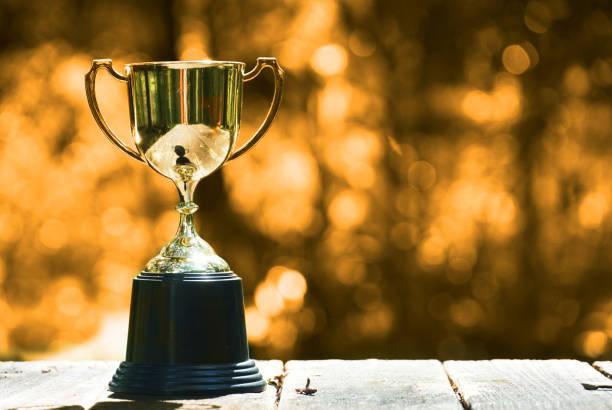 istock Trophy on wood table with yellow bokeh background , win concept 1067435044