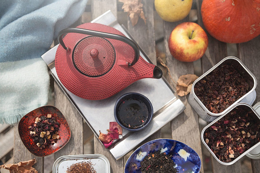 In the photo is cozy and idyllic still life with earthenware red tea pot with organic hot tea. Photo is horizontal with natural sunlight. Photo has autumn/winter atmosphere and mood. Organic herbal and berry tea is healthy and good start in the morning.