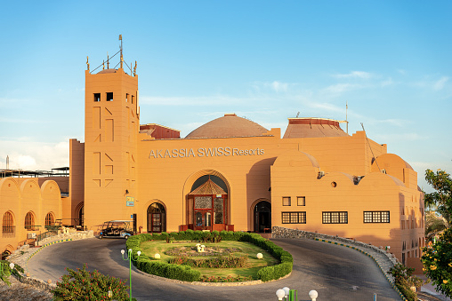 Marsa Alam, Red Sea, Egypt - Nov 1th, 2018: Club Calimera Akassia Swiss Resort, Hotel on the Red Sea coast frequented by many European tourists. This hotel is located 50 km from the city of marsa Alam, where is the airport. It features a water park with many swimming pools, three restaurants and a private beach on the Red Sea.