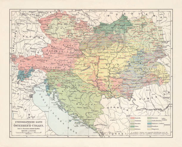 Ethnological map of the Austro-Hungarian Empire, lithograph, published in 1897 Ethnological map of the Austro-Hungarian Empire. Lithograph, published in 1897. habsburg dynasty stock illustrations