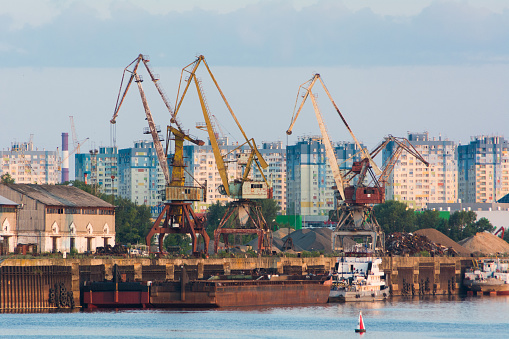 Nizhny Novgorod, Russia - July 10, 2013: Cranes in the docks of Nizhny Novgorod. View of the streets of the old Russian city