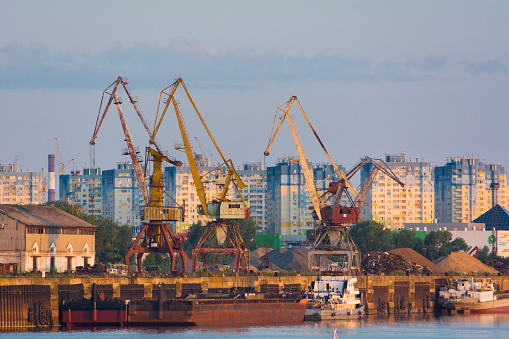 Nizhny Novgorod, Russia - July 10, 2013: Cranes in the docks of Nizhny Novgorod. View of the streets of the old Russian city