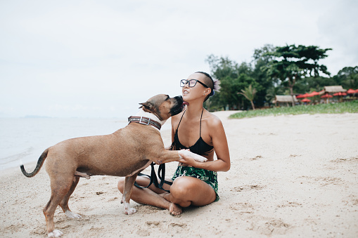 Cheerful pretty young woman in eyeglases sitting and hugging her dog on the beach