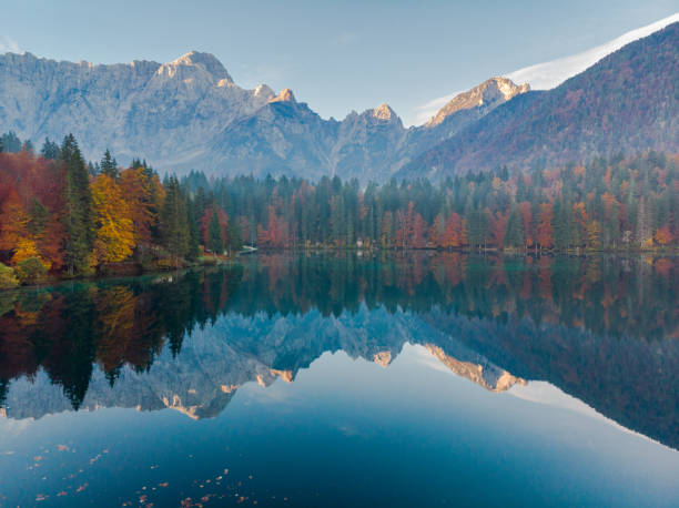 istock Panoramic view at sunrise over alpine lake in Italy 1067455288