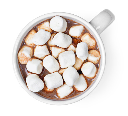 Hot chocolate or cocoa drink in a cup or mug. Top view of hot chocolate with marshmallows, isolated on white background.