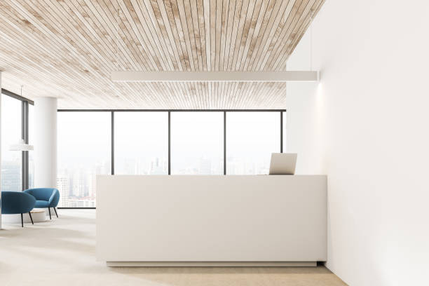 istock Wood ceiling office reception hall, blue armchairs 1067458726