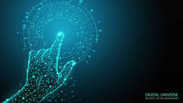 Abstract blue geometric background. Touch to electronic display. Virtual reality. Skeleton image of a human hand. Technologies of the future. Futuristic image. Polygonal mesh. Futuristic pattern. Virtual reality. Internet, communication. click link stock illustrations