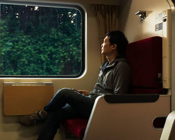 istock Traveler in the train looking view out window 1067459434