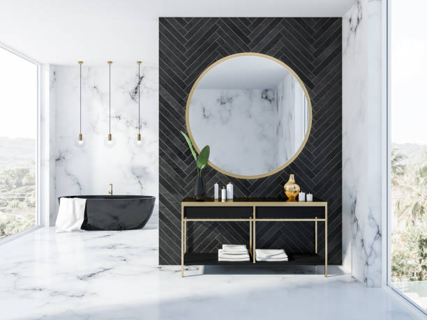 istock Black wood bathroom interior, tub and sink 1067459558