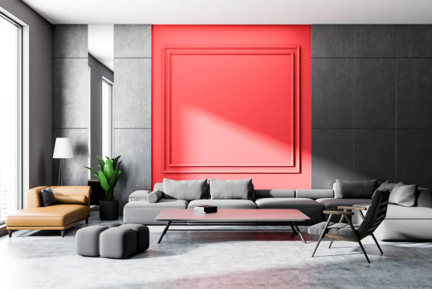 istock Gray and red living room, gray sofa 1067459598