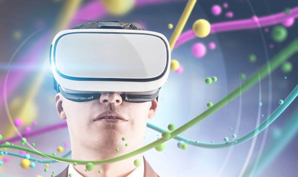 istock Man in VR glasses, colorful lines and bubbles 1067460110