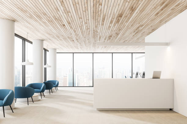 istock Wooden ceiling office reception hall, armchairs 1067462306