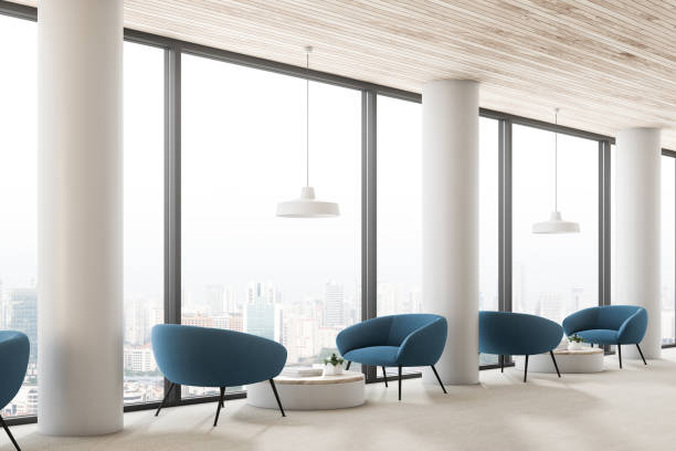 istock Office lounge area with blue armchairs 1067463420
