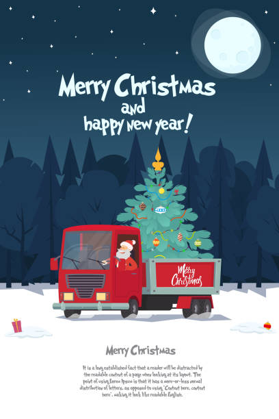 illustrazioni stock, clip art, cartoni animati e icone di tendenza di babbo natale è un camionista con un albero di natale - semi truck