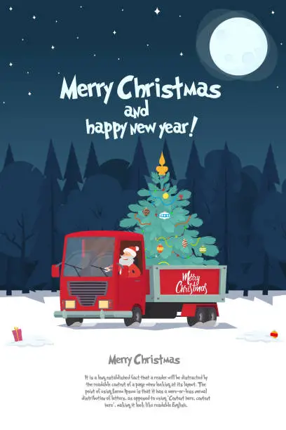 Vector illustration of Santa Claus is a truck driver with a Christmas tree