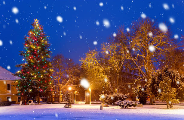 istock Christmas tree at night in the snowfall 1067470090