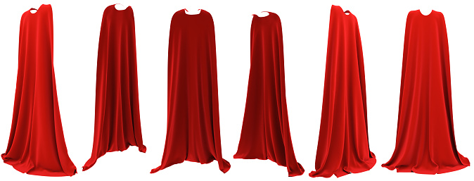 Superhero red cape hanging from shoulders set isolated on white background. 3D rendering. Front, back and side view. Superpower concept.
