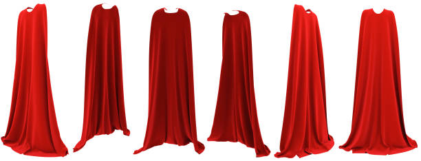 Superhero red cape hanging from shoulders set Superhero red cape hanging from shoulders set isolated on white background. 3D rendering. Front, back and side view. Superpower concept. hanging fabric stock pictures, royalty-free photos & images