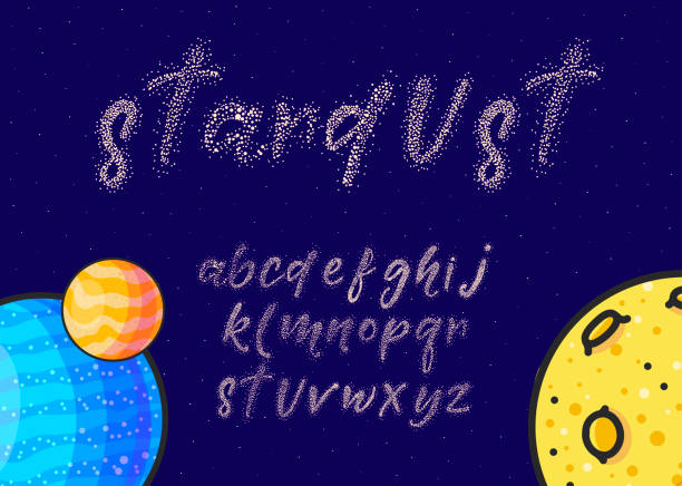 Glittering stars hand drawn color alphabet vector set Glittering stars hand drawn color alphabet vector set. Cute cartoon cosmic font with planets. Doodle stardust calligraphic lettering. Space. Typography of dots, sparkles. Isolated lowercase letters fantasy font stock illustrations