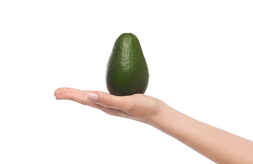 Female hand holding avocado isolated on white background
