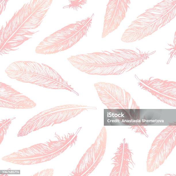 Hand Drawn Vector Feathers Line Art Seamless Pattern On White Background Detailed Pink Boho Decoration Pastel Ornament For Wrapping Paper Fabrics And Textile Stock Illustration - Download Image Now