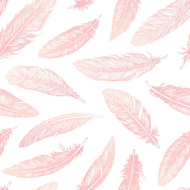 Vector illustration of Hand drawn vector feathers line art seamless pattern on white background. Detailed pink boho decoration. Pastel ornament for wrapping paper, fabrics and textile.