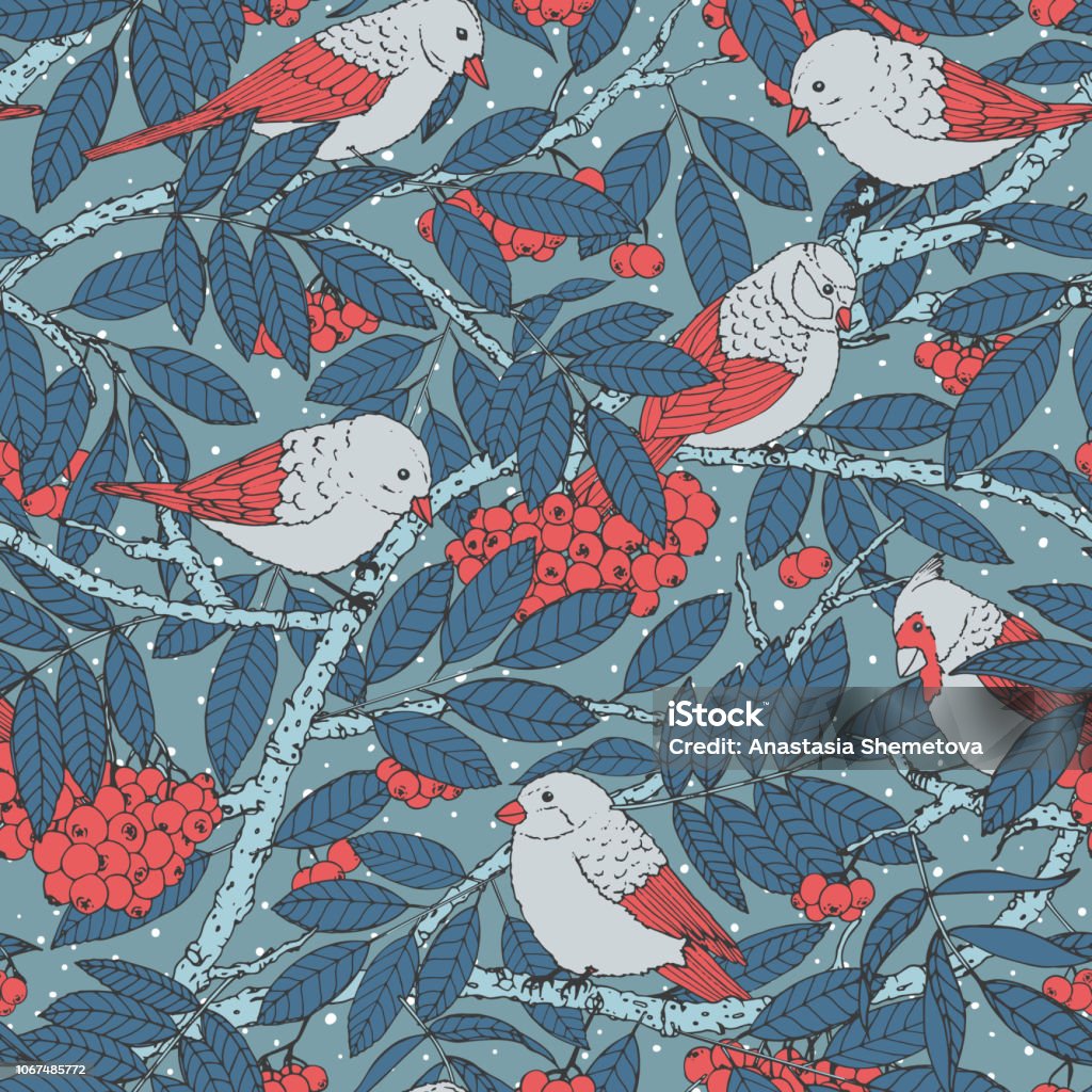 Hand drawn vector seamless pattern with birds, branches, leaves and rowanberry on blue dotted background. Snowy winter decoration ornament for fabric, textile, covers or wrapping paper. Art stock vector